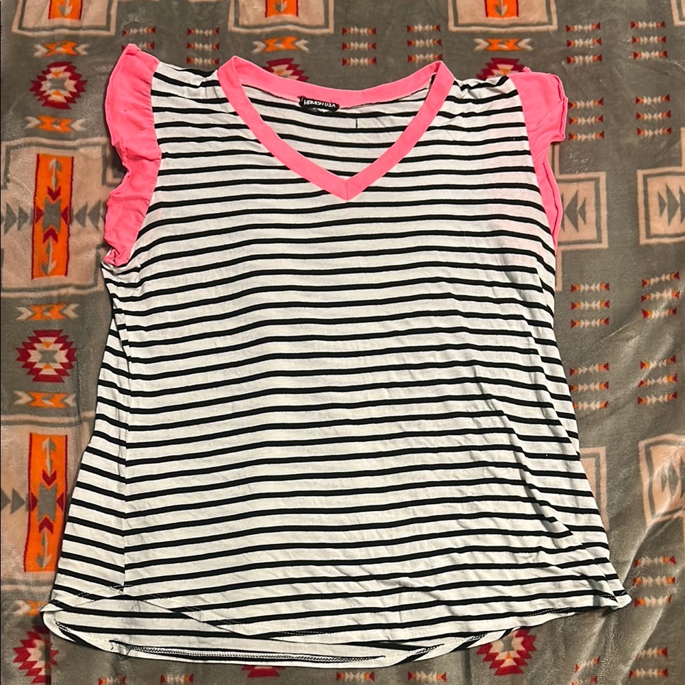 Striped Black and White Flowy Top with Pink Accents